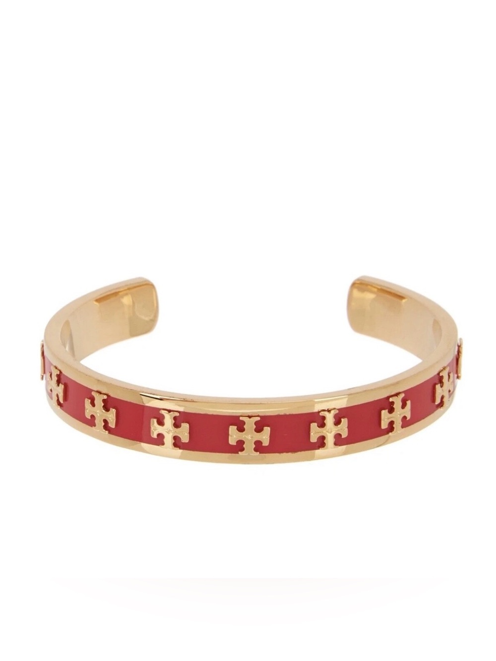 Tory Burch Red Enamel and Gold Logo Cuff Bracelet